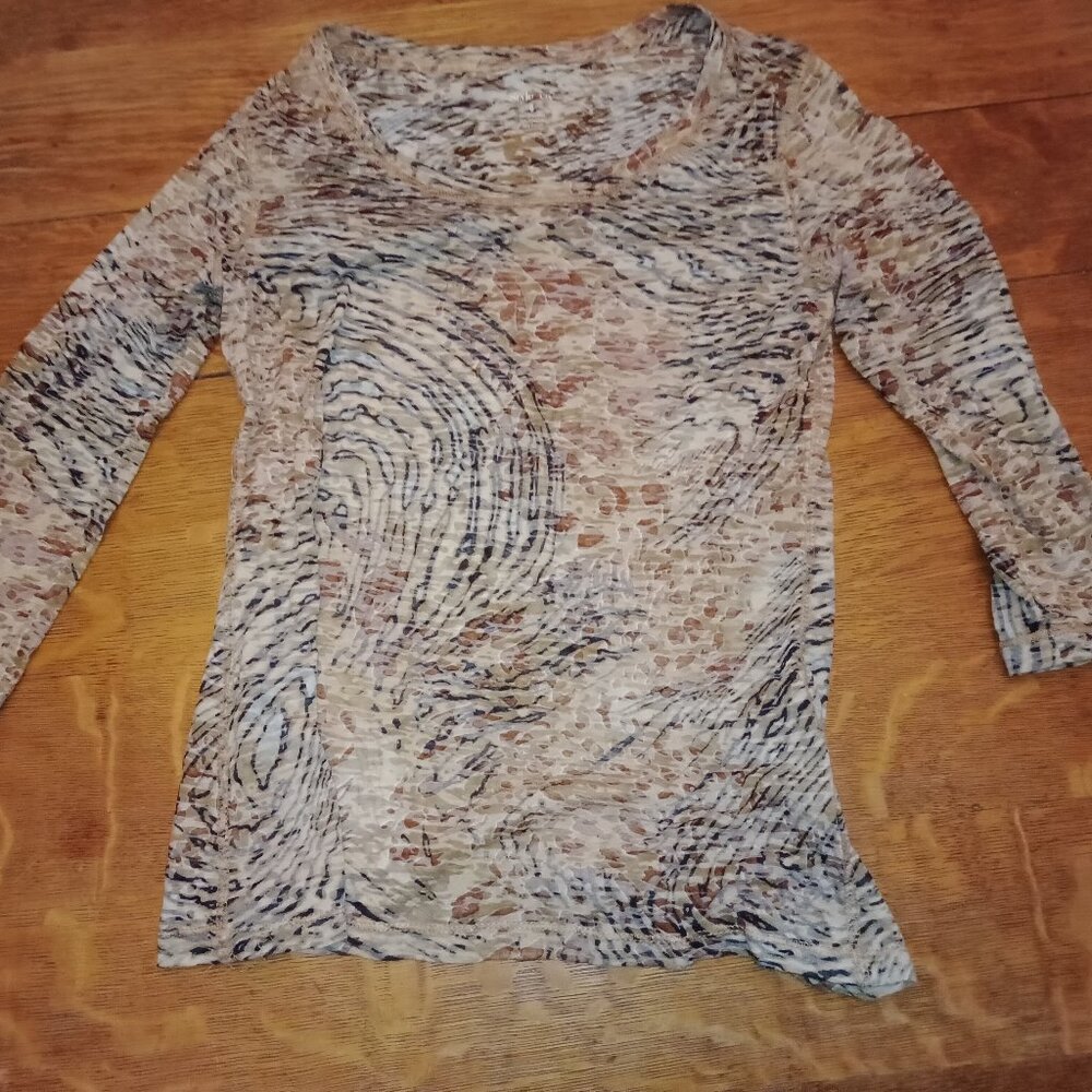 Womens Style&Co Brown Rust Abstract Print Round Neck Sheer Top Size Small